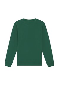 Donkergroene crewneck sweatshirt met lange mouwen, ribgebreide boorden en zoom. Gladde textuur en eenvoudig ontwerp, geen patronen of accenten zichtbaar.