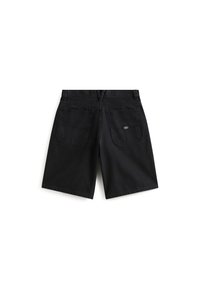 Black denim shorts featuring a classic cut, two back pockets, and a small brand label on the right pocket. Smooth texture.