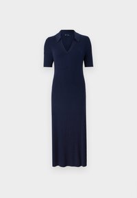 Navy blue ribbed knit dress with a polo collar, short sleeves, and a fitted silhouette, extending to mid-calf length.