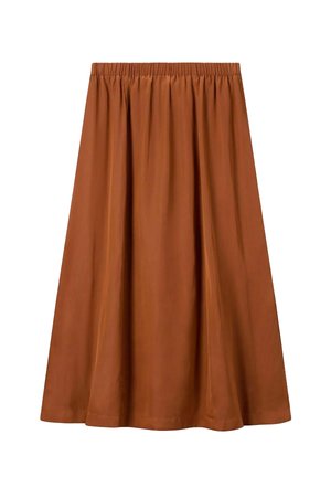 Brown midi skirt with an elastic waistband and a flowy, gathered design, displayed against a white background.