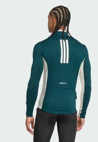 Langarm-Sportoberteil mit einem petrolfarbenen Körper, hellgrauen Seitenelementen und drei weißen Streifen auf dem Rücken. Glattes, dehnbares Material mit einer Tasche.