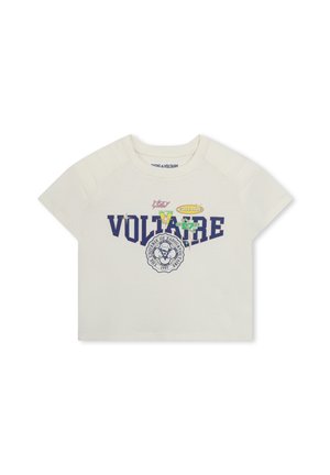 T-shirt en coton crème à manches courtes, avec un logo imprimé "VOLTAIRE" en bleu foncé et divers accents et motifs colorés.