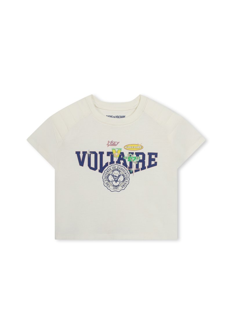 T-shirt en coton crème à manches courtes, avec un logo imprimé "VOLTAIRE" en bleu foncé et divers accents et motifs colorés.