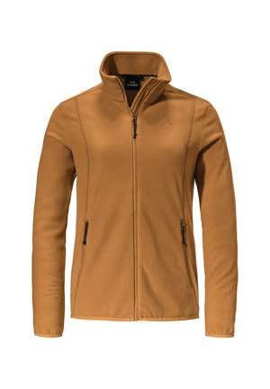 Fleece jacket in warm brown, full-zip design, stand-up collar, two side pockets with zippers, and contrasting seams along the sleeves.