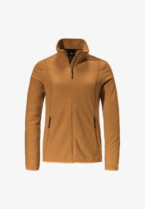 Fleece jacket in warm brown, full-zip design, stand-up collar, two side pockets with zippers, and contrasting seams along the sleeves.