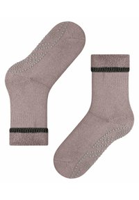 Rosafarbene Knöchelsocken aus weichem Stoff, mit einem schwarzen gerippten Bündchen und gepunktetem Grip an der Sohle für mehr Halt.
