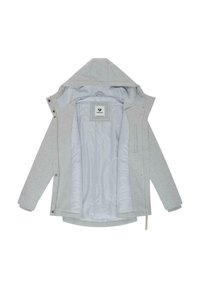 Veste à capuche gris clair avec fermeture éclair à l'avant et boutons-pression, ouverte pour montrer la doublure intérieure lisse et rembourrée ainsi que l'étiquette de la marque à l'intérieur du col.