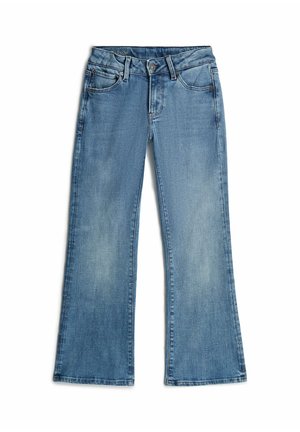 Blaue Denim-Jeans mit leicht ausgestelltem Bein, Vorder- und Gesäßtaschen, Knopfverschluss und ausgewaschenen Stellen an den Oberschenkeln vor weißem Hintergrund.