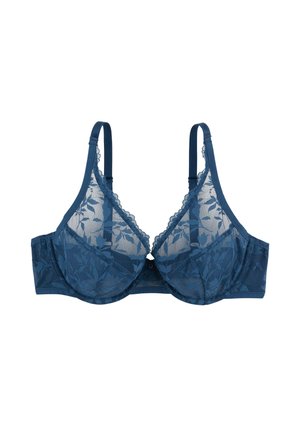 Reggiseno in pizzo blu con motivo floreale, coppe trasparenti, spalline regolabili e un bordo decorativo a scallopatura sul collo. Dettaglio di chiusura frontale.