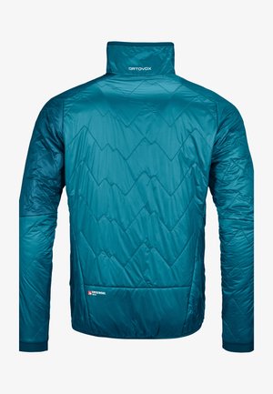 Teal padded jacket with a high collar, featuring a diamond quilted pattern and a logo on the collar. Made of lightweight, smooth fabric.