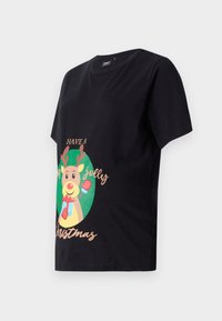 Black cotton t-shirt featuring a printed reindeer with antlers, a red mitten, and the text "Have a jolly Christmas" in gold.