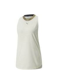 Sleeveless white athletic top with gold-trimmed round neckline and small gold Puma logo on front center.