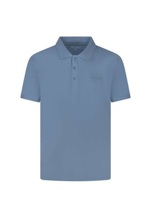 Polo bleu à manches courtes avec trois boutons et un col, design uni, présenté sur un fond blanc.