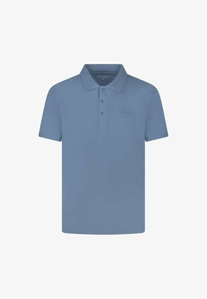 Polo bleu à manches courtes avec trois boutons et un col, design uni, présenté sur un fond blanc.