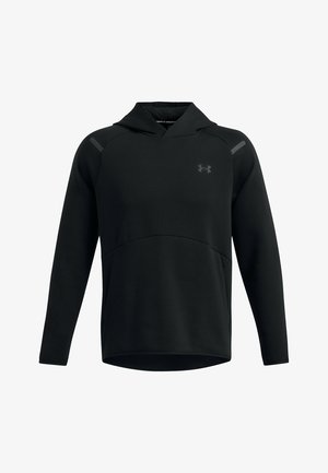 Zwarte lange mouwen hoodie met een capuchon, gestructureerde stof, raglanmouwen en een voorzak. Subtiele branding op de borst.