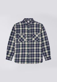 Camicia a maniche lunghe a quadri nei colori blu navy, bianco e verde; presenta colletto button-down, due tasche frontali e una texture in tessuto morbido.