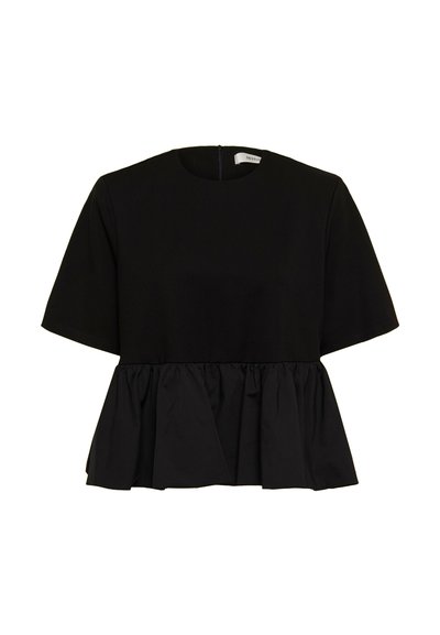 Haut noir à manches courtes avec encolure ronde et bas peplum froncé, fermeture éclair au dos.
