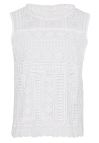 Vit ärmlös topp med intrikata spetsmönster, rund halsringning och scalloped nederkant. Tillverkad av lätt, texturerad tyg.