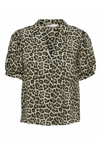 Korte mouwen, knoopsluiting shirt in lichtgroen met een luipaardpatroon. Pofmouwen en een klassieke kraag maken het ontwerp af.