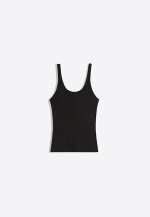 Fekete ujjatlan trikó, környakú kivágással, világosszürke háttéren, laposan bemutatva.