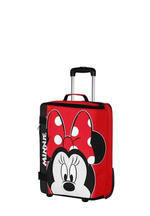 Rode koffer met zwarte accenten, voorzien van een grote Minnie Mouse-afbeelding, ronde vorm, telescopische handgreep en soepele wielen voor mobiliteit.