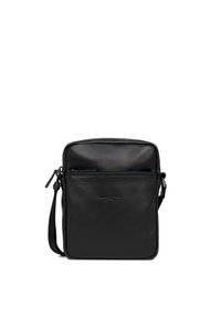 Borsa a tracolla nera in pelle con texture liscia, tasca frontale con zip e tracolla regolabile. Forma rettangolare con dettagli del logo in rilievo.