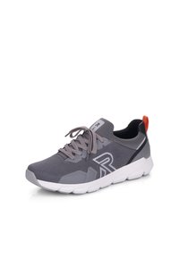Gray athletic shoes with a breathable mesh upper, lace-up design, and a white rubber sole. Features a contrasting red heel tab.