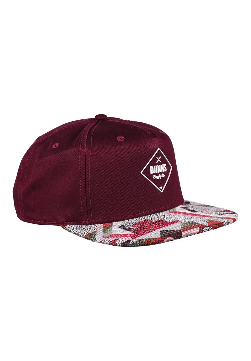 Maroon snapback cap with a patterned flat brim. The brim features a colorful geometric design with red, green, and white accents.