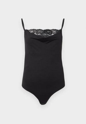 Mustaline musta bodysuit õhukeste rihmadega ja pitsist äärisega ülaservas. Sile tekstuur, kehakujuline disain ja sügav kaelus.