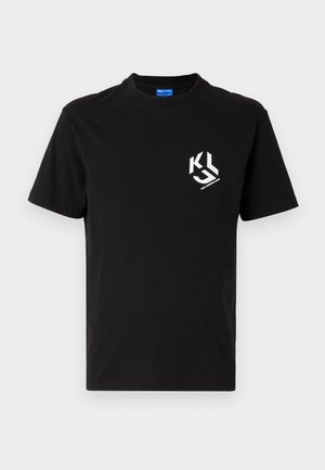 Black cotton t-shirt featuring a white graphic on the left chest area. Crew neck, short sleeves, and a classic cut design.
