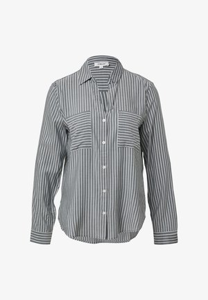 Long-sleeve gray shirt with white vertical stripes, two chest pockets with horizontal stripes, and white buttons down front.
