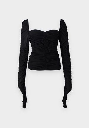 Black long-sleeve top with a ruched texture, off-shoulder design, and form-fitting silhouette. Material appears stretchy and smooth.