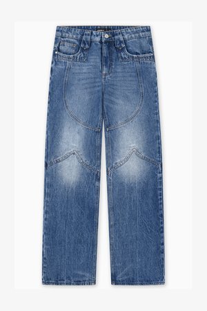 Niebieskie dżinsowe spodnie typu wide-leg z lekkimi przetarciami, z zakrzywionymi szwami i klasycznym pięci-pocketowym wzorem.