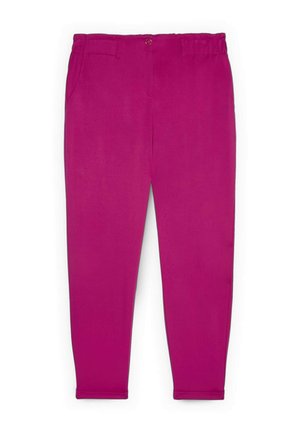 Fuchsia taps toelopende broek met elastische taille, knoopsluiting, zijzakken en een gladde stofafwerking.