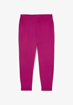 Pantalon fuchsia fuselé avec taille élastique, fermeture à bouton, poches latérales et finition en tissu lisse.