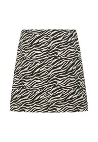 Minirock mit Zebramuster in Schwarz und Weiß, mit geradem A-Linien-Schnitt und sichtbarem Mittelnahtdetail.