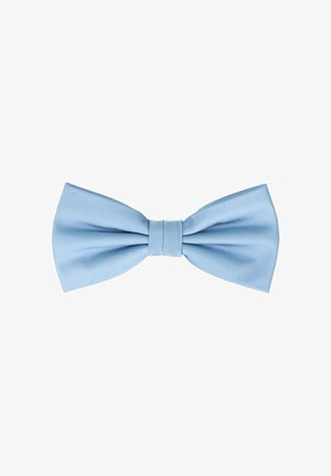 Helles blaues Fliegenband aus glattem Stoff. Hat eine klassische Fliegenform mit einem zentralen Knoten. Keine Muster oder Verzierungen vorhanden.