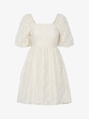 Valge puff-sleeve kleit ruudukujulise kaelusega, millel on tekstuuriga lilleline tikand ja kokkuvõetud talje. Kleit on valmistatud kergest kangast.