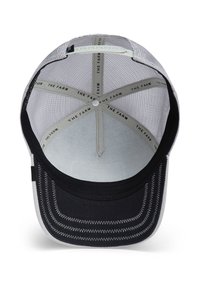 Black and gray mesh cap featuring a structured crown, a flat brim, and branding on the inner lining. Stitching detail around the brim.
