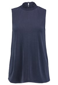 Top sin mangas de color azul marino con un alto collar rizado, textura suave y una abertura en forma de llave en la parte posterior. Diseño sencillo y holgado.