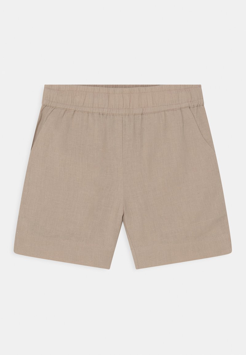 Calções bege feitos de um tecido leve, com uma cintura elástica, dois bolsos laterais e um design limpo e simples.