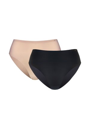 Dwie bezszwowe damskie figi z wysokim stanem w kolorach nude i czerni z małymi złotymi logotypami marki na pasie.