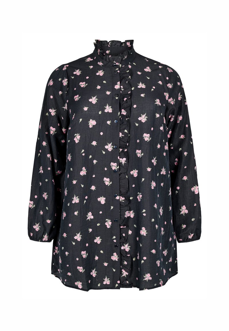 Blusa nera a maniche lunghe con colletto arricciato, caratterizzata da un motivo floreale in rosa e verde, chiusura con bottoni e tessuto testurizzato.