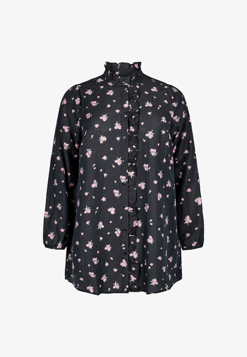 Black long-sleeve blouse with a ruffled collar, featuring a floral pattern in pink and green, button closure, and textured fabric.