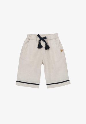Knæ-lange beige shorts lavet af hør, med en elastisk talje og en marineblå kvast til at binde, to sidelommer og marineblå kant.