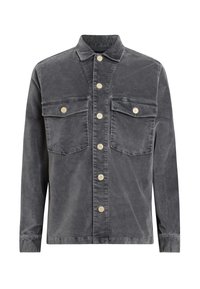 Chaqueta de camisa de algodón gris con cuello, dos pockets en la parte delantera y cierre de botones que presenta botones beige y una superficie ligeramente texturizada.