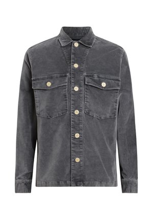 Chaqueta de camisa de algodón gris con cuello, dos pockets en la parte delantera y cierre de botones que presenta botones beige y una superficie ligeramente texturizada.