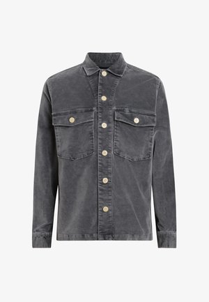 Grijze katoenen shirtjack met een kraag, twee voorzakken en knoopsluiting met beige knopen en een iets gestructureerd oppervlak.