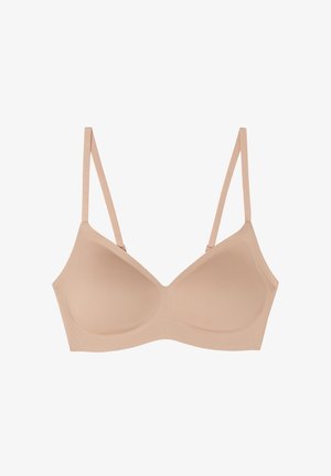 Nuder BH ohne Draht mit verstellbaren dünnen Trägern, nahtlosen Cups, weichem Textilstoff und einem glatten Band unter der Brust.