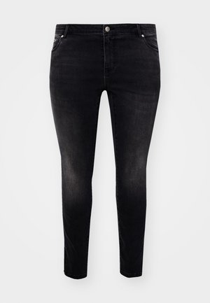 Svarte denimjeans med slim fit, fem lommer, knappelukking og liten falming for tekstur. Minimalistisk stil, ingen synlige mønstre.